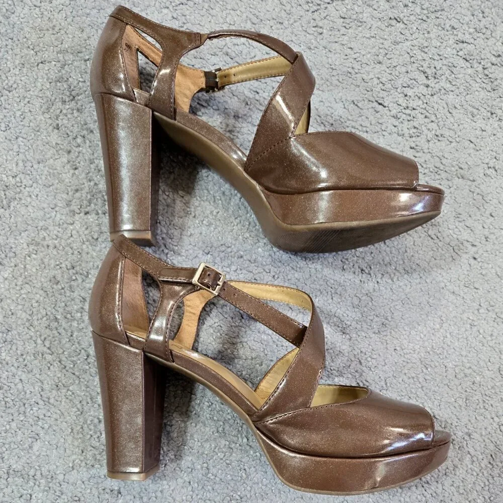 Naturalizer Elise Brown Criss Cross Strap Platform Heels Shimmering Party
